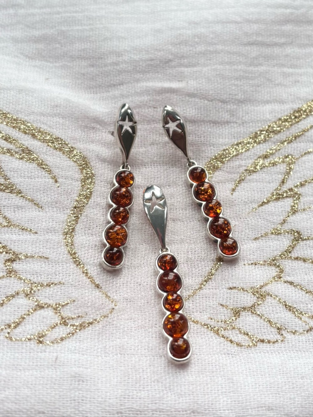 Amber Stone Sterling Silver Drop Earrings and Pendant Star Set - Brown Amber